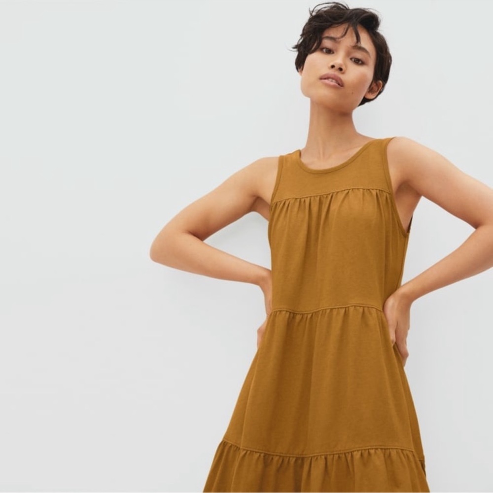 EVERLANE The Weekend Tiered mustard yellow/gold minimalist sleeveless Dress